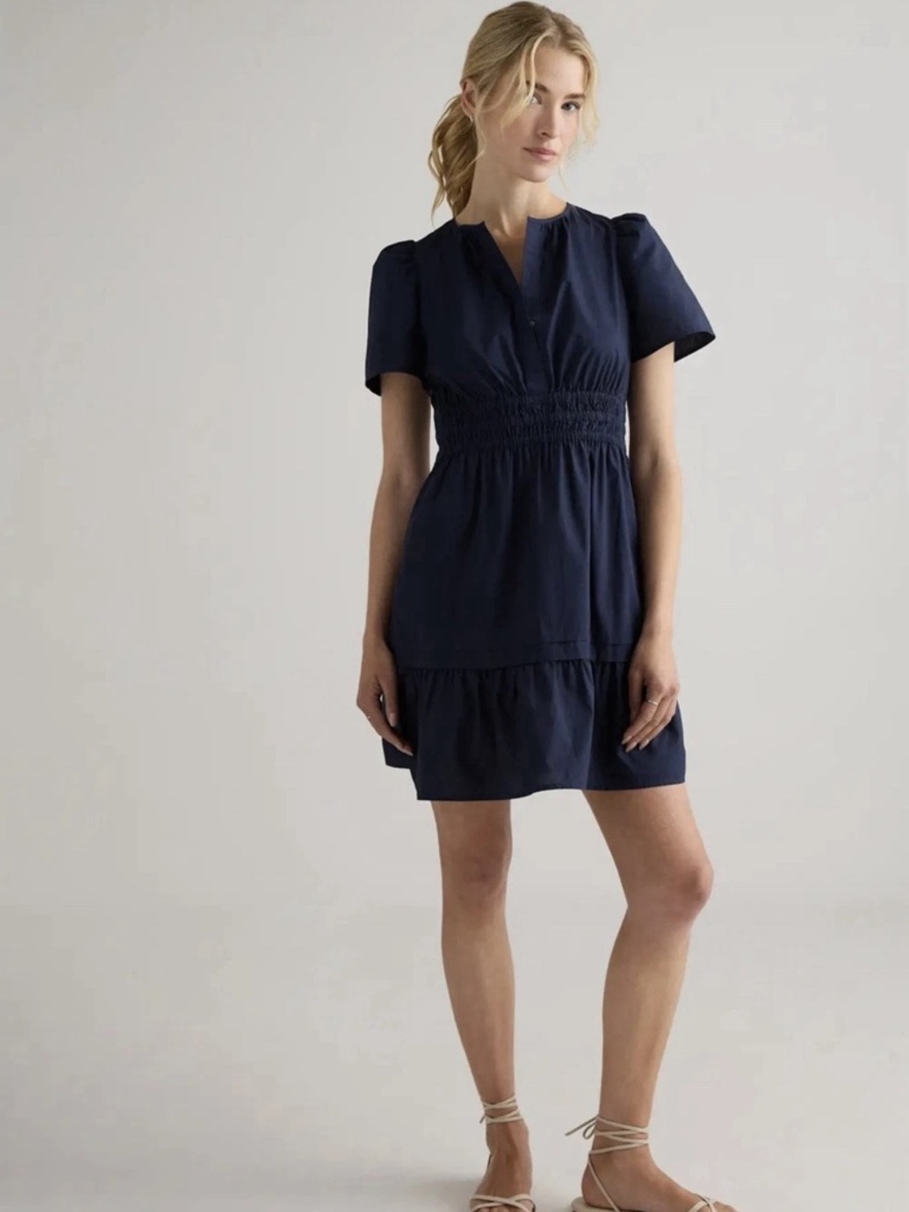 Quince 100% Organic Cotton Tiered Mini Dress Navy
